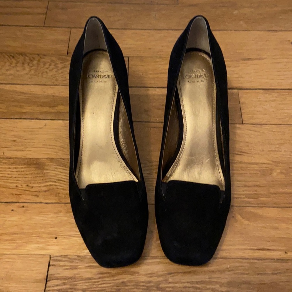 Black suede block heels